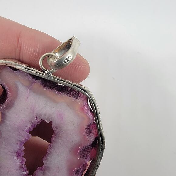 Handmade Silver Pendant – Pink Druzy Agate Slice + 20" Silver Snake Chain - Picture 4 of 10